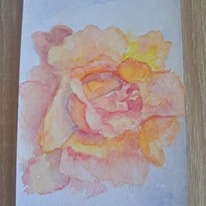 手描き水彩画ポストカード - 温かみのあるピーチと黄色のバラ、オリジナルの花のアート、彼女への母の日ギフト
