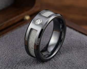 Beveled Tungsten Ring Blank with CZ Stone, 4mm Inlay Groove