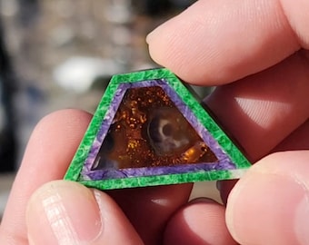 Gemstone Intarsia Cabochon: Fire Agate, Charoite, Maw Sit Sit Handmade Pendant