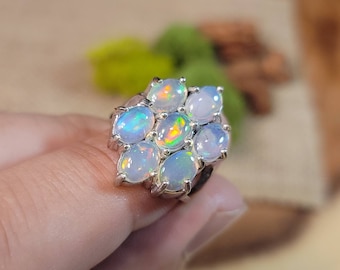 Ethiopian Opal Flower Ring: Sterling Silver October Birthstone