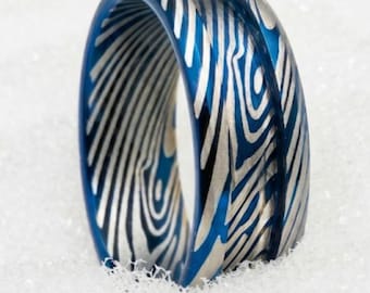 Blue Damascus Style Tungsten Ring Blank: Beveled Edge, 4mm Groove (Size 10)