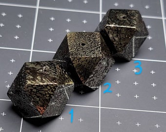Pyritized Plesiosaur Fossil D20 Dice: Drilled Bone Cube Necklace