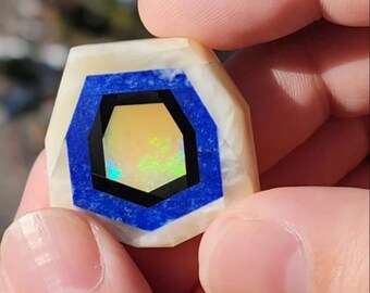 Handmade Gemstone Intarsia Cabochon: Honeycomb Ethiopian Opal, Lapis Lazuli, Honeycomb Calcite, Onyx