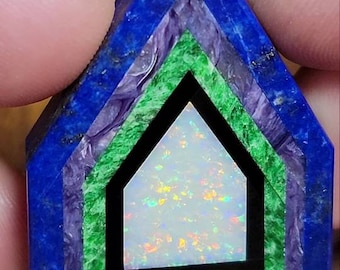 Gemstone Intarsia Cabochon: Coober Pedy Opal, Lapis Lazuli, Charoite