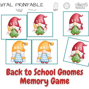 Juego de memoria de gnomos para la vuelta al cole para imprimir / Descarga digital instantánea / Imprimir y jugar
