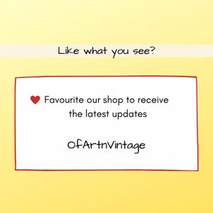 May include: A red heart icon with the text "Favourite our shop to receive the latest updates" and the text "OfArtnVintage" in a white box with a red border.