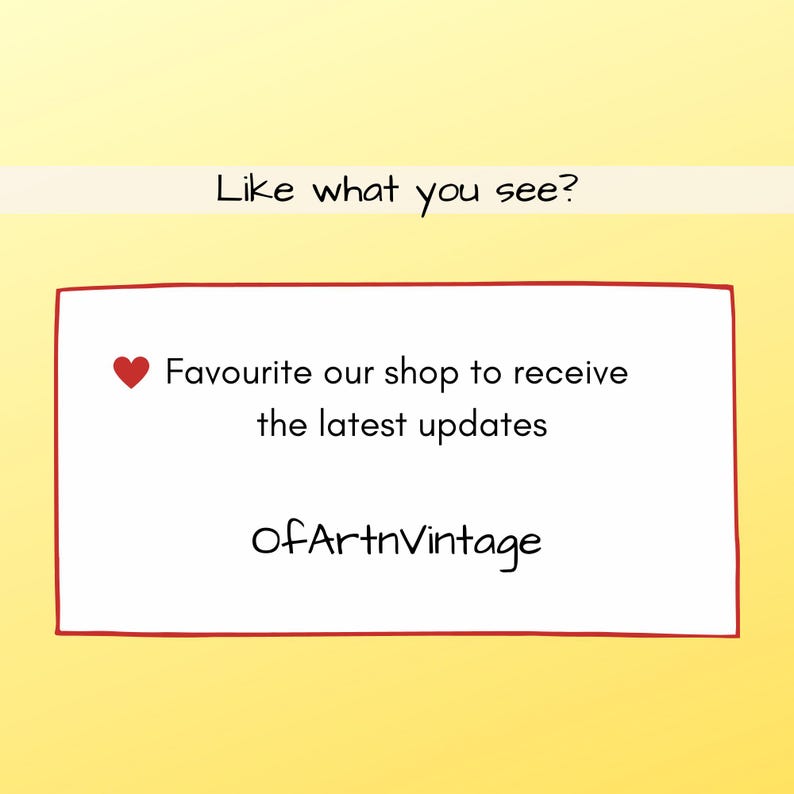 May include: A red heart icon with the text "Favourite our shop to receive the latest updates" and the text "OfArtnVintage" in a white box with a red border.