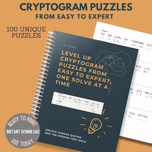 May include: A spiral-bound cryptogram puzzle book with a dark blue cover featuring orange text that reads Level Up Cryptogram Puzzles From Easy To Expert, One Solve At A Time, 100 Unique Puzzles, and Unlock Famous Quotes And The Wisdom They Hold.