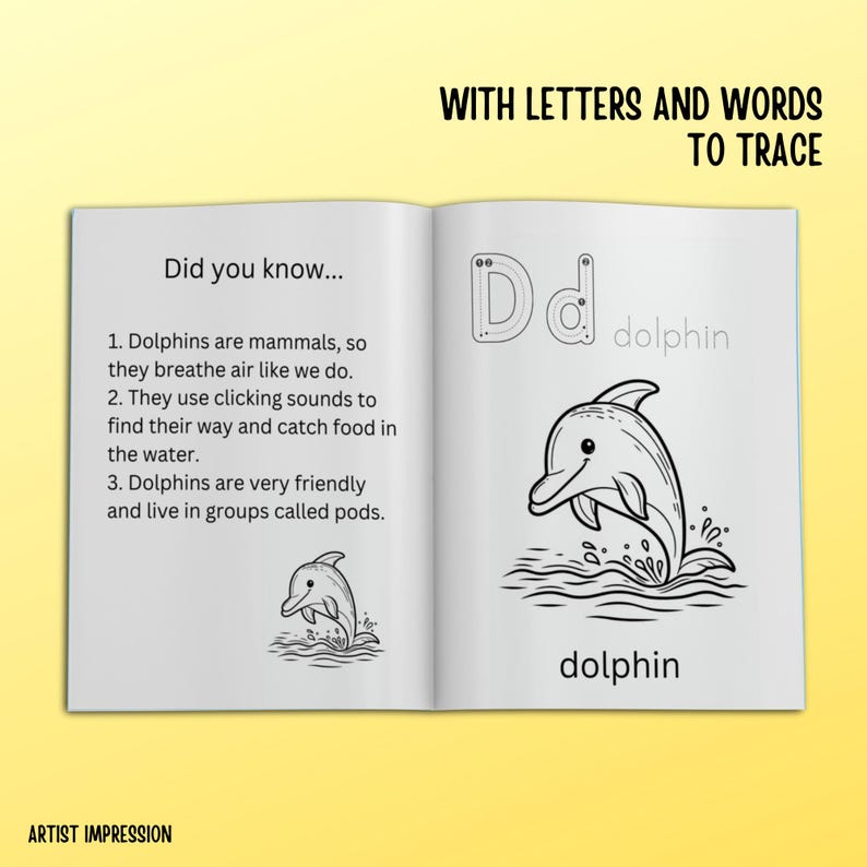 Coloring book page featuring letter 'D' with dolphin illustrations and facts. Shows dolphins jumping from water and includes information about their pod life and echolocation.