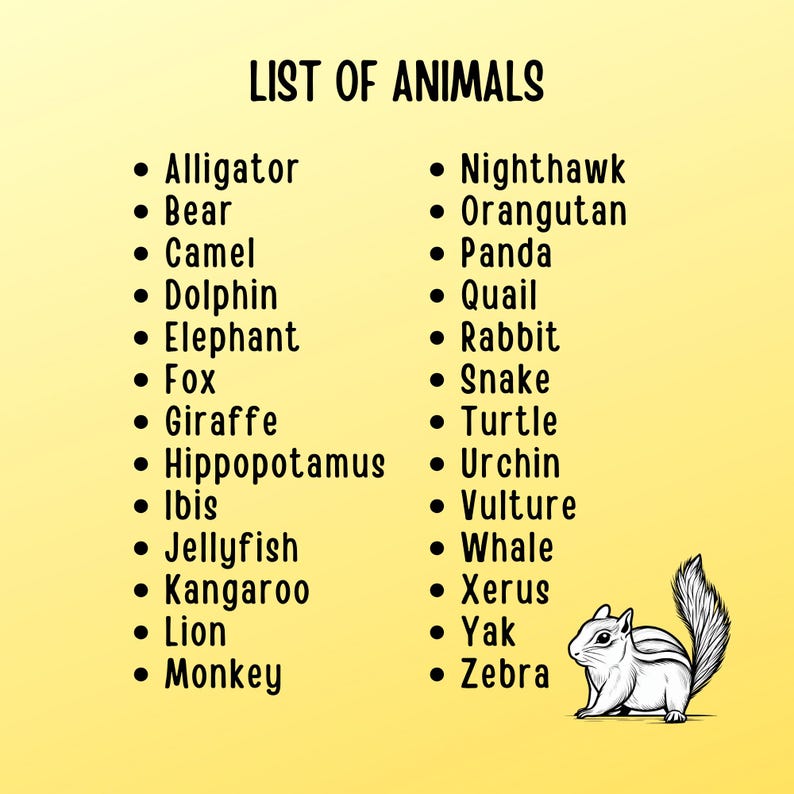 List of animals from A to Z including Alligator through Zebra, with small chipmunk illustration in bottom right corner. White text on pale yellow background.