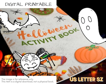 May include: A Halloween Activity Book with the text "Halloween ACTIVITY BOOK" is displayed. The image includes illustrations of a bat, spider, ghost, and pumpkin. The words "DIGITAL PRINTABLE" and "US LETTER SZ" are also visible.