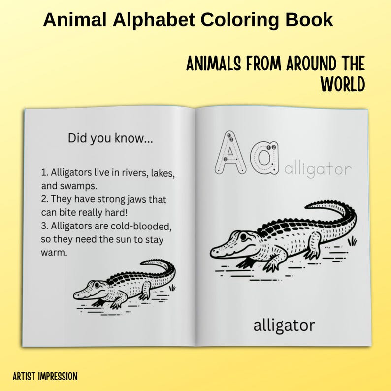 Open coloring book page showing letter 'A' and 'a' with alligator illustration. Includes 'Did you know' facts about alligators and line art to color.