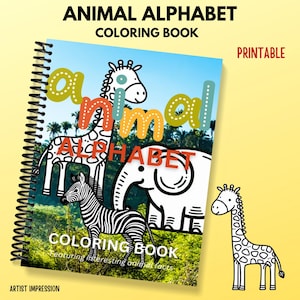 Cover of Animal Alphabet Coloring Book showing cartoon giraffe, zebra, and elephant against tropical background. Includes 'animal' text in colorful bubble letters and 'Printable' tag.