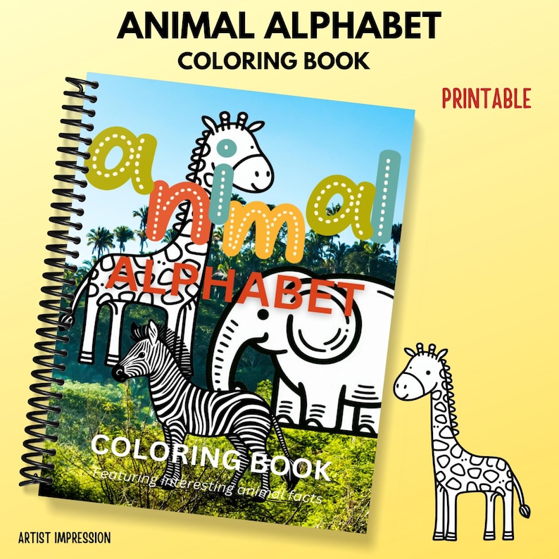 Cover of Animal Alphabet Coloring Book showing cartoon giraffe, zebra, and elephant against tropical background. Includes 'animal' text in colorful bubble letters and 'Printable' tag.