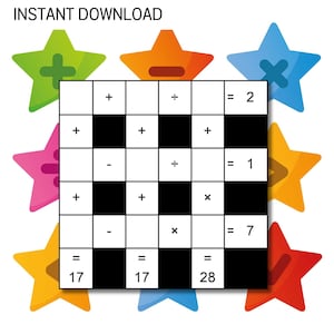 May include: A black and white printable math puzzle with a grid of 9 squares. Each square has a math symbol (+, -, ÷, x) and a number. The numbers 17, 17, 28, 2, 1, and 7 are displayed in the grid. The puzzle is surrounded by 6 colorful stars.