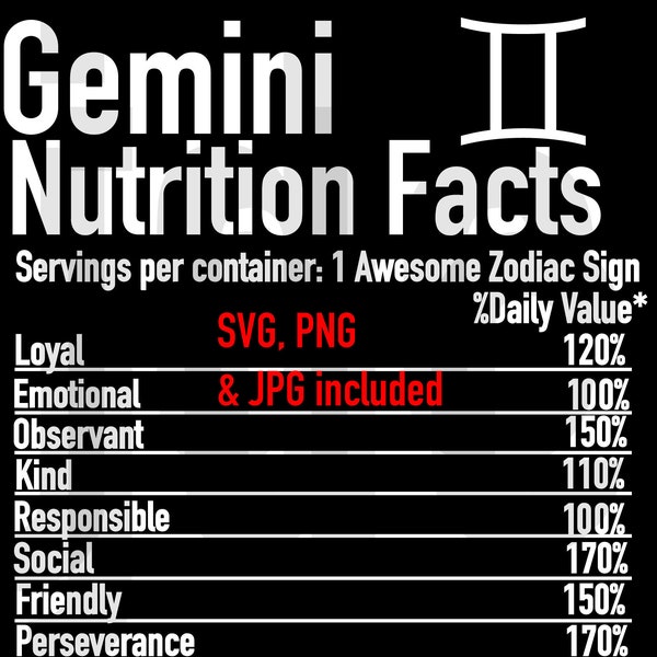 Gemini  NUTRITION FACTS svg,png, jpg cutting file