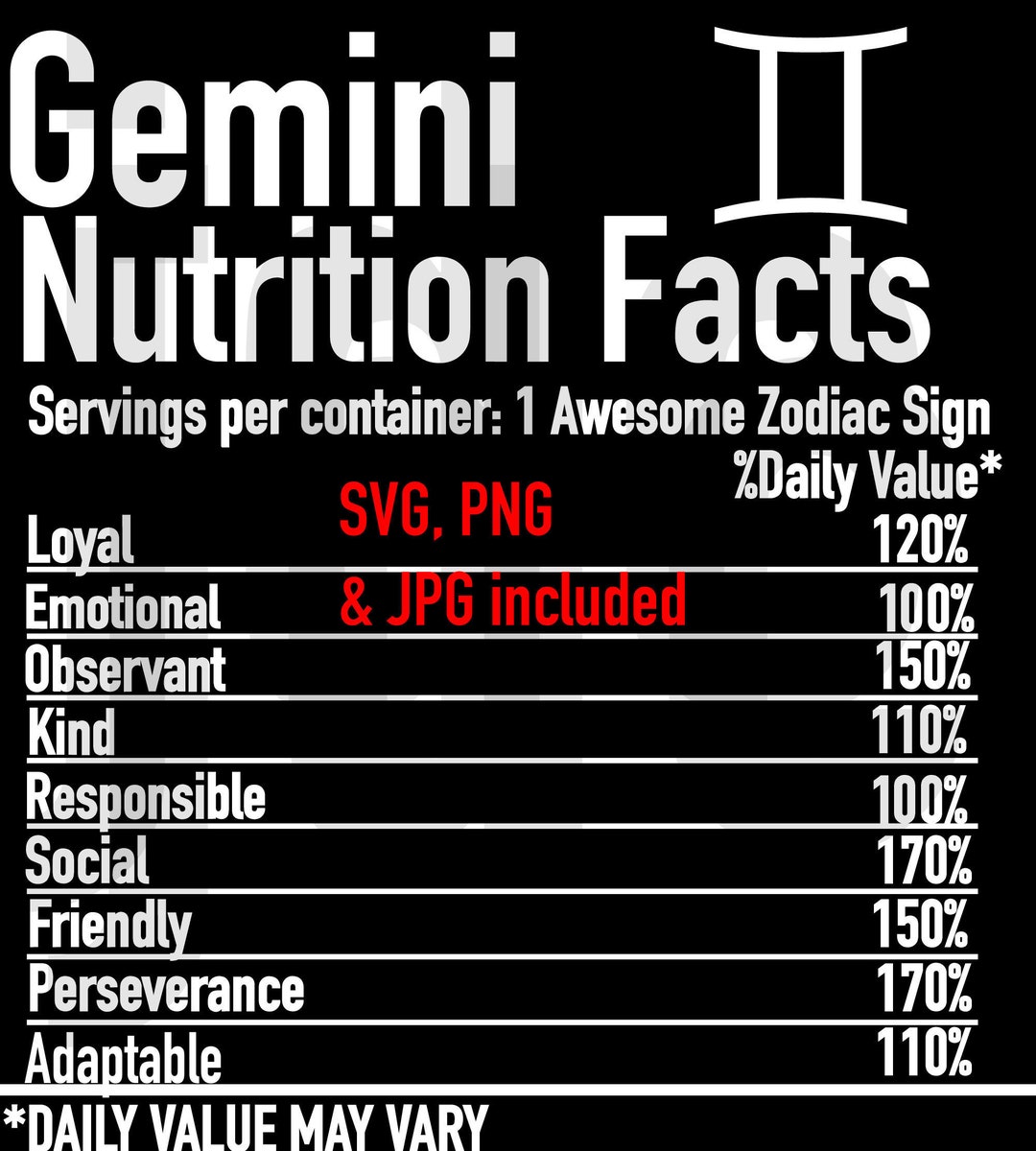 Gemini NUTRITION FACTS Svg,png, Jpg Cutting File Etsy
