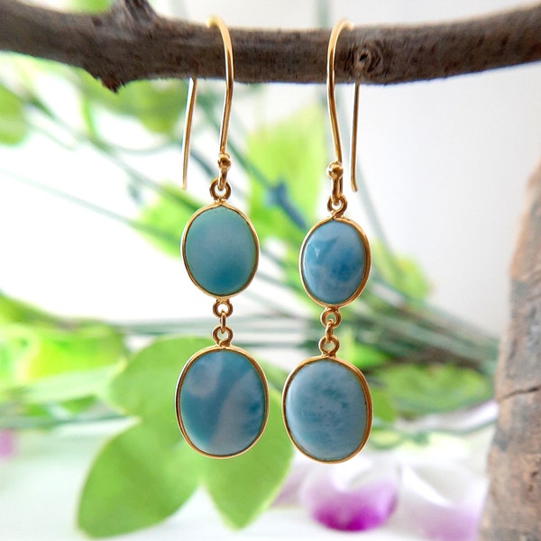 Larimar Sterling Silver Gold Vermeil Dangle Earring - Larimar Gemstone Earring - Handmade Earring of Larimar Bezel Jewelry