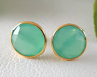 Chrysophrase Chalcedony Round Shape Gemstone Gold Studs  - Bezel set 18k Gold Vermeil Studs  - Studs for  Valentine's Gift
