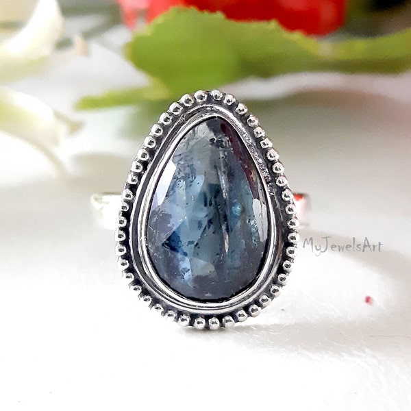 Natural Teal Moss Kyanite Pear Shape Ring - 925 Sterling Silver Ring - Teal Moss Kyanite Handmade Ring - Kyanite Birthstone Jewelry