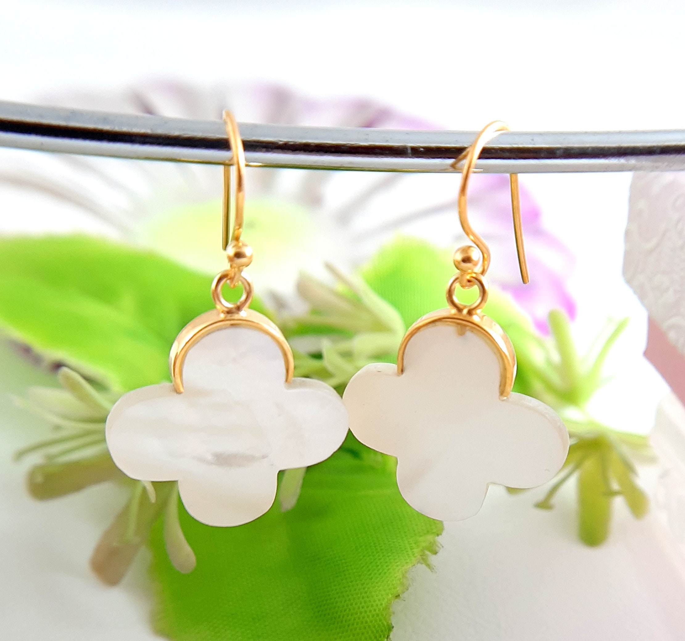 Beautiful Mother Of Pearl Clover Gold Earring Dangle Earring Etsy