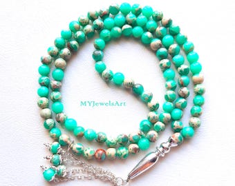 Piedra preciosa de jaspe verde REAL, 99 cuentas, cuentas Tasbih, cuentas de oración islámica, Sibha, regalo de Ramadán, Misbaha, regalo musulmán, rosario musulmán