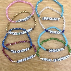 Inspirational Word Seed Bead Bracelets, Bracelet Set, Seed Bead Bracelet Stack, Just Breathe, Be Brave, Explore, Travel, Dream, Free Spirit