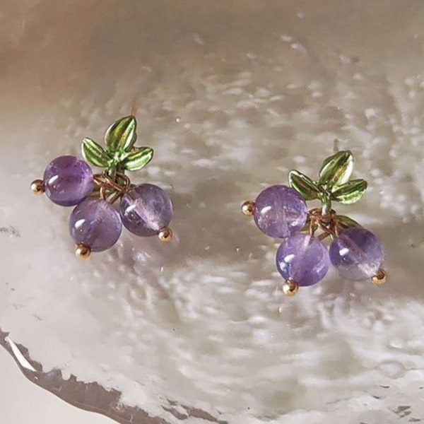 Handmade 925 Silver Amethyst Grape Earrings for Women | Retro Style Purple Crystal