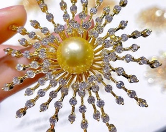 Broche de perlas naturales de girasol, broche de cuentas de oro del mar del sur de color original, 11-12 mm de espesor, cuero redondo, suave y delicado