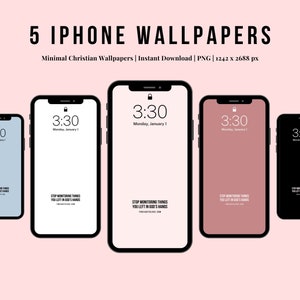 May include: Five iPhone wallpapers with a minimalist Christian design. Each wallpaper features a black phone screen with a white clock displaying 3:30 and the date "Monday, January 1". The text "STOP MONITORING THINGS YOU LEFT IN GOD'S HANDS" is displayed on each wallpaper.