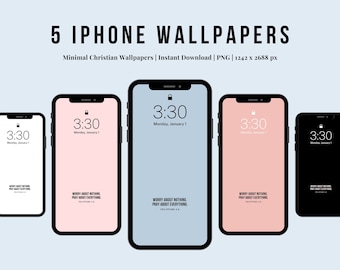 May include: Five iPhone wallpapers with a minimalist design featuring the time 3:30, the date Monday, January 1, and the quote "Worry about nothing, pray about everything" from Philippians 4:6. The wallpapers are in black, white, pink, light blue, and dark blue.
