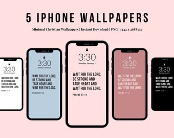 May include: Five iPhone wallpapers with a minimalist design featuring the Bible verse "Wait for the Lord; be strong and take heart and wait for the Lord."  The verse is displayed in black text on a white, light blue, pink, and black background. The time is set to 3:30 on each wallpaper.