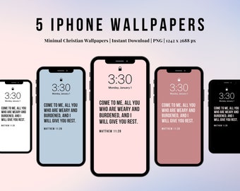 May include: Five iPhone wallpapers with a minimalist design featuring a quote from the Bible, "Come to me, all you who are weary and burdened, and I will give you rest."  The quote is from Matthew 11:28. The wallpapers are in black, white, light blue, pink, and dark pink.