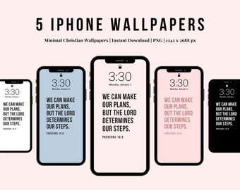 May include: Five iPhone wallpapers with a minimalist design featuring a Bible verse, "We can make our plans, but the Lord determines our steps. Proverbs 16:9." The wallpapers are in black, white, light blue, pink, and dark gray.