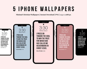 May include: Five iPhone wallpapers with a minimalist Christian design. Each wallpaper features a quote from Philippians 3:14, "I press on toward the goal to win the prize for which God has called me heavenward in Christ Jesus." The wallpapers are in black, white, light blue, pink, and dark red.