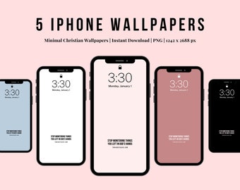 May include: Five iPhone wallpapers with a minimalist Christian design. Each wallpaper features a black phone screen with a white clock displaying 3:30 and the date "Monday, January 1". The text "STOP MONITORING THINGS YOU LEFT IN GOD'S HANDS" is displayed on each wallpaper.