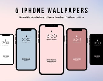 May include: Five iPhone wallpapers with a minimalist design featuring a quote from the Bible, "With His love, He will calm all your fears."  The wallpapers are in black, white, light blue, pink, and red.