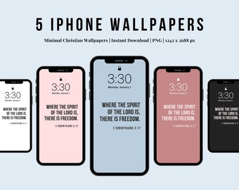 May include: Five minimalist iPhone wallpapers with a light blue, pink, gray, red, and black background. Each wallpaper features the text "Where the spirit of the Lord is, there is freedom." and the scripture reference "2 Corinthians 3:17".