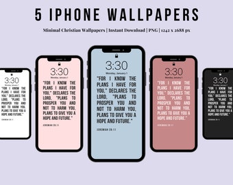 May include: Five minimalist iPhone wallpapers with a light blue, pink, and black background. Each wallpaper features a quote from Jeremiah 29:11, "For I know the plans I have for you," declares the Lord, "plans to prosper you and not to harm you, plans to give you a hope and future."