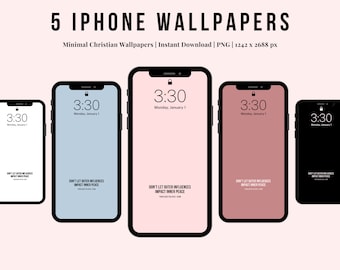 May include: Five iPhone wallpapers with a minimalist design featuring the text "Don't let outer influences impact inner peace" and the time 3:30. The wallpapers are in black, light blue, pink, and red.