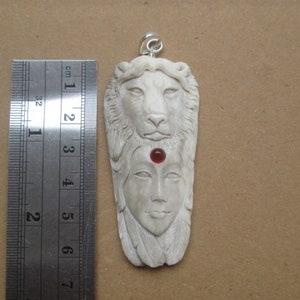 Lion Goddess Carved Antler Pendant with Carnelian Stone, Deer Horn Bali Bone Carving with Sterling Silver Bail PD01041121