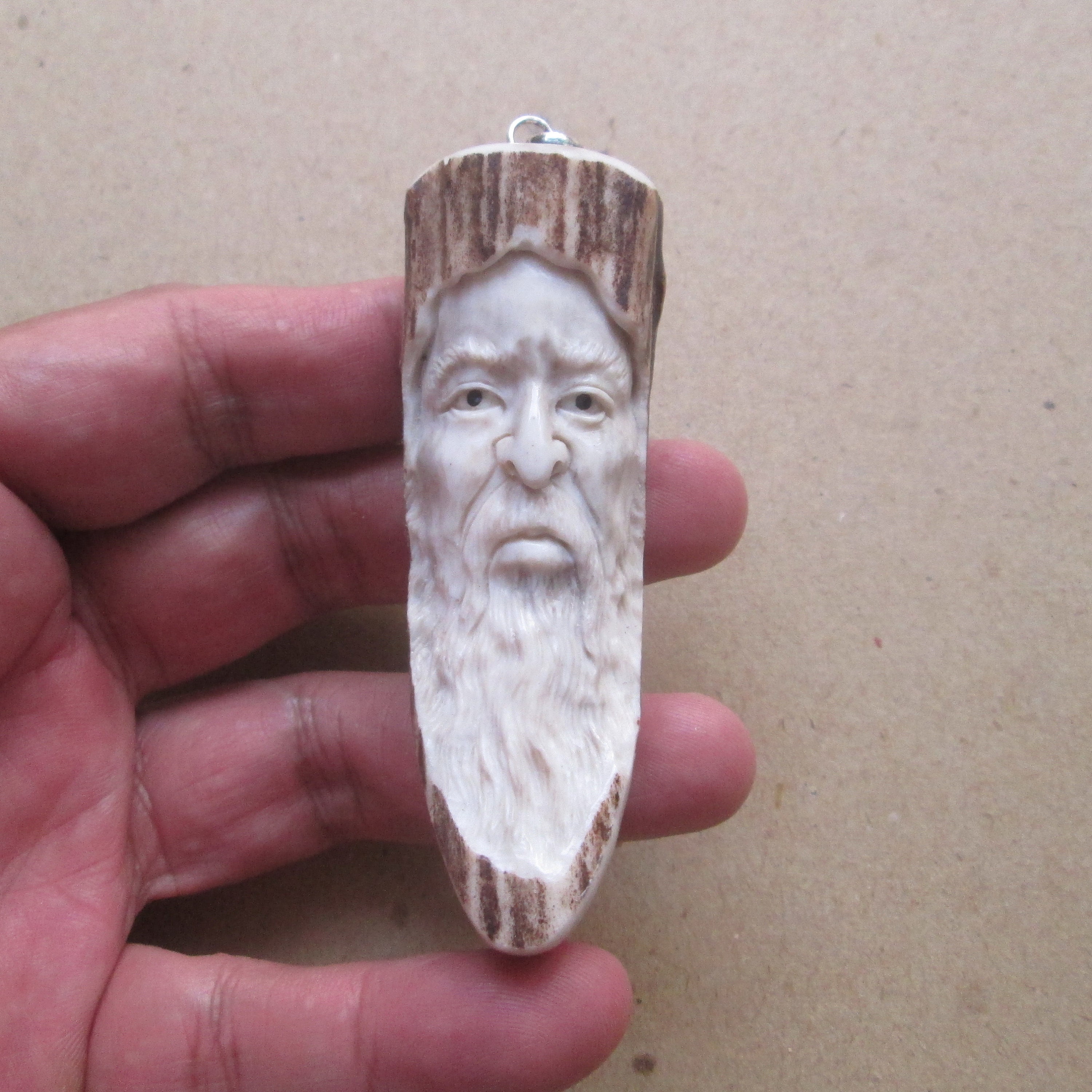 Mountain Man Wizard Carved Antler Pendant, Deer Horn Bali Bone Carving