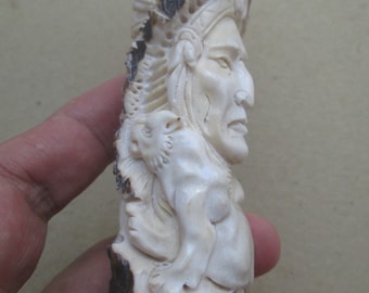 Indian Cougar Carved Antler Handle, Deer Horn Bali Bone Carving HD03240322