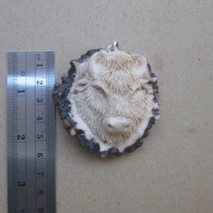 Bison Head Carved Antler Pendant, Deer Horn Bali Bone Carving with Sterling Silver Bail PD01181123