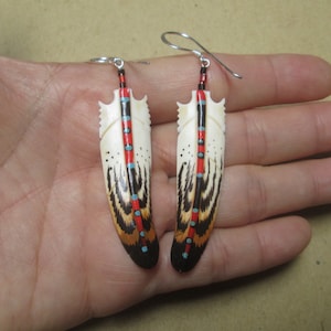 Hand Painted Feather Earrings On Bone with Sterling Silver Wire PFE17