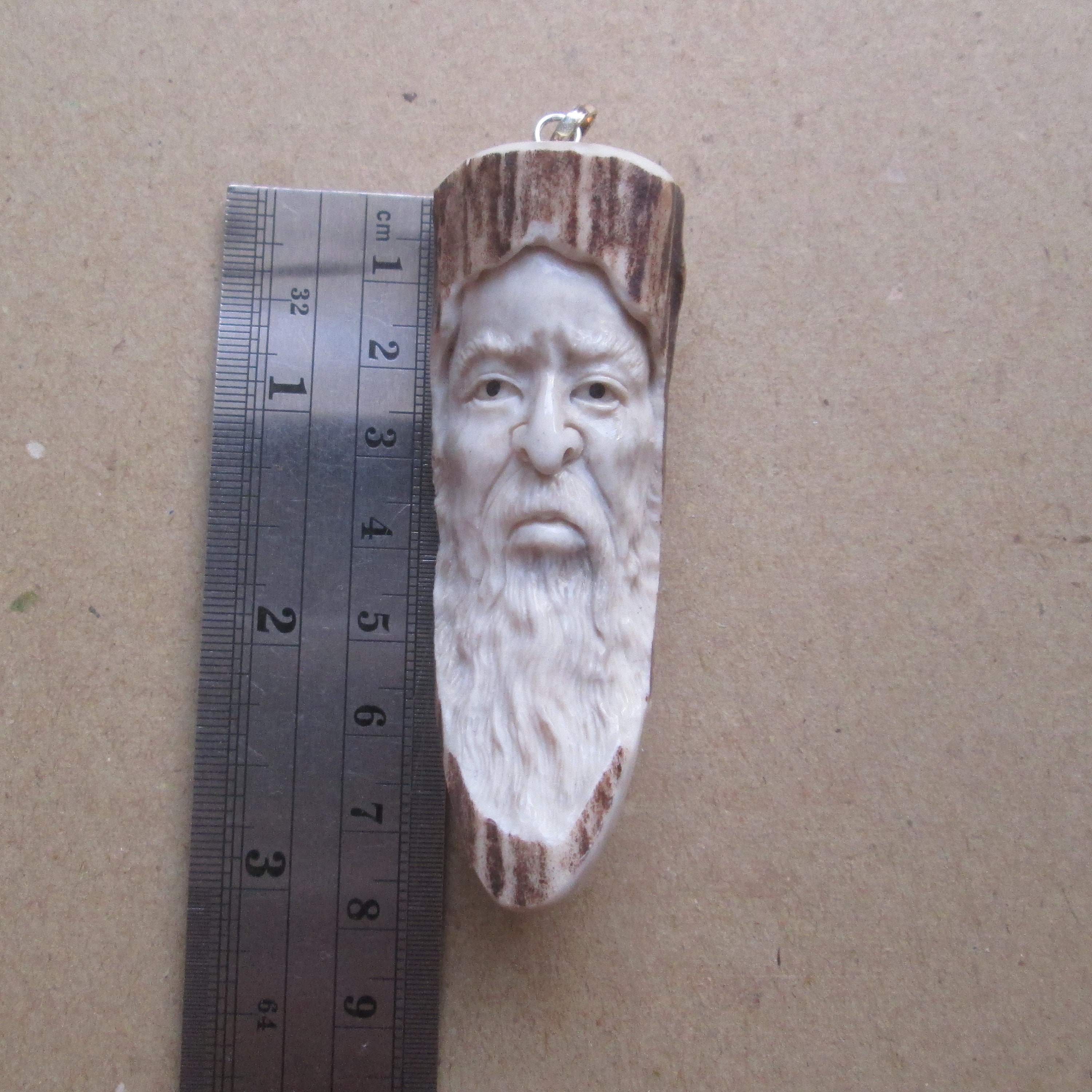 Mountain Man Wizard Carved Antler Pendant, Deer Horn Bali Bone Carving