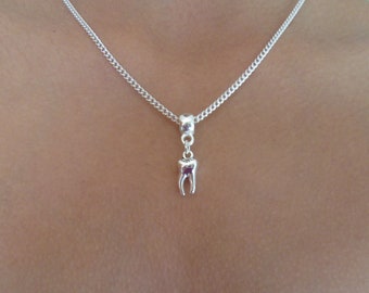 Antique Silver Tooth Charm Necklace -Tooth  Pendant-Gift Bag-Unisex Jewellery Silver plaited Dentist