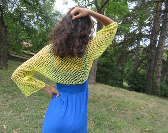 Yellow lace summer shrug- Cotton bolero- Hand knit shrug- Lightweight crochet sweater -Beach mesh cover up- Loose crop cardigan long sleeves