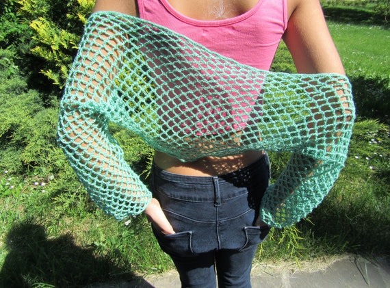 Green Lace Summer Shrug Women Cotton Bolero Hand Knit Jacket