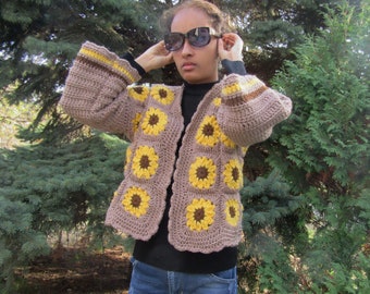 Sunflower Granny Squares Cardigan Hoodie  Afghan Crochet Cardigan  Hooded Granny Square Jacket Women Crochet Wear  Patchwork Cardigan